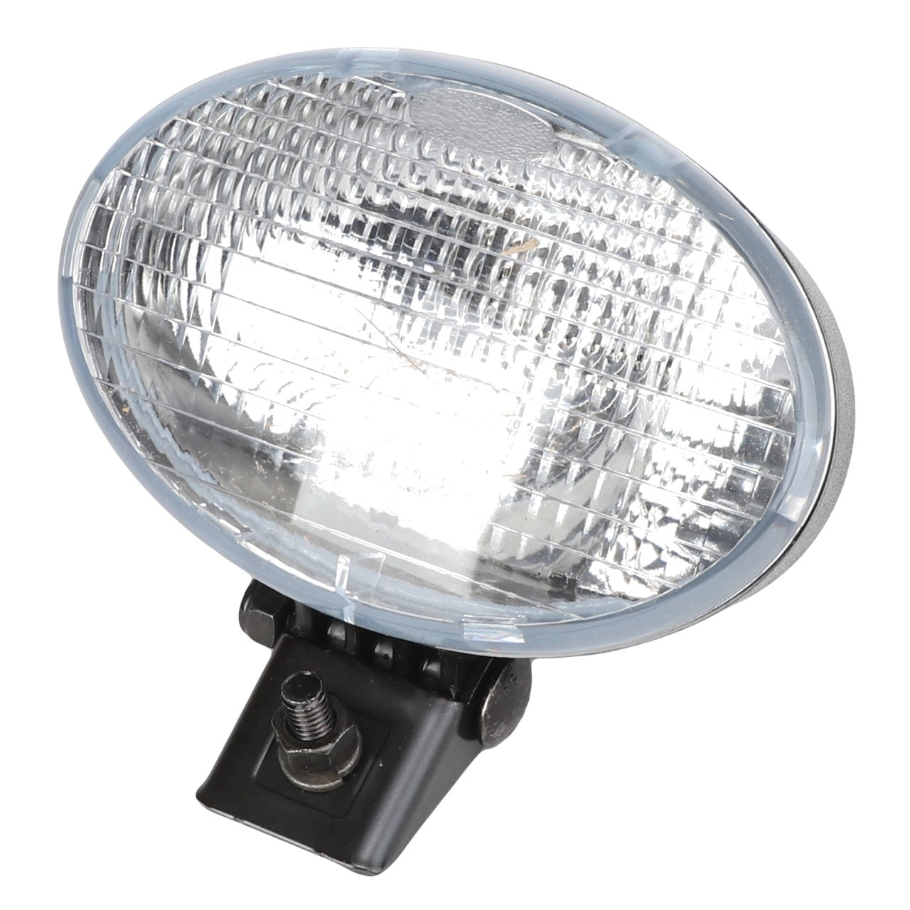 The AGCO | WORKLIGHT - AG122573 is an oval-shaped clear glass headlight featuring a ribbed surface, mounted on a black base with a screw for attachment. No further product description information is available at this time.