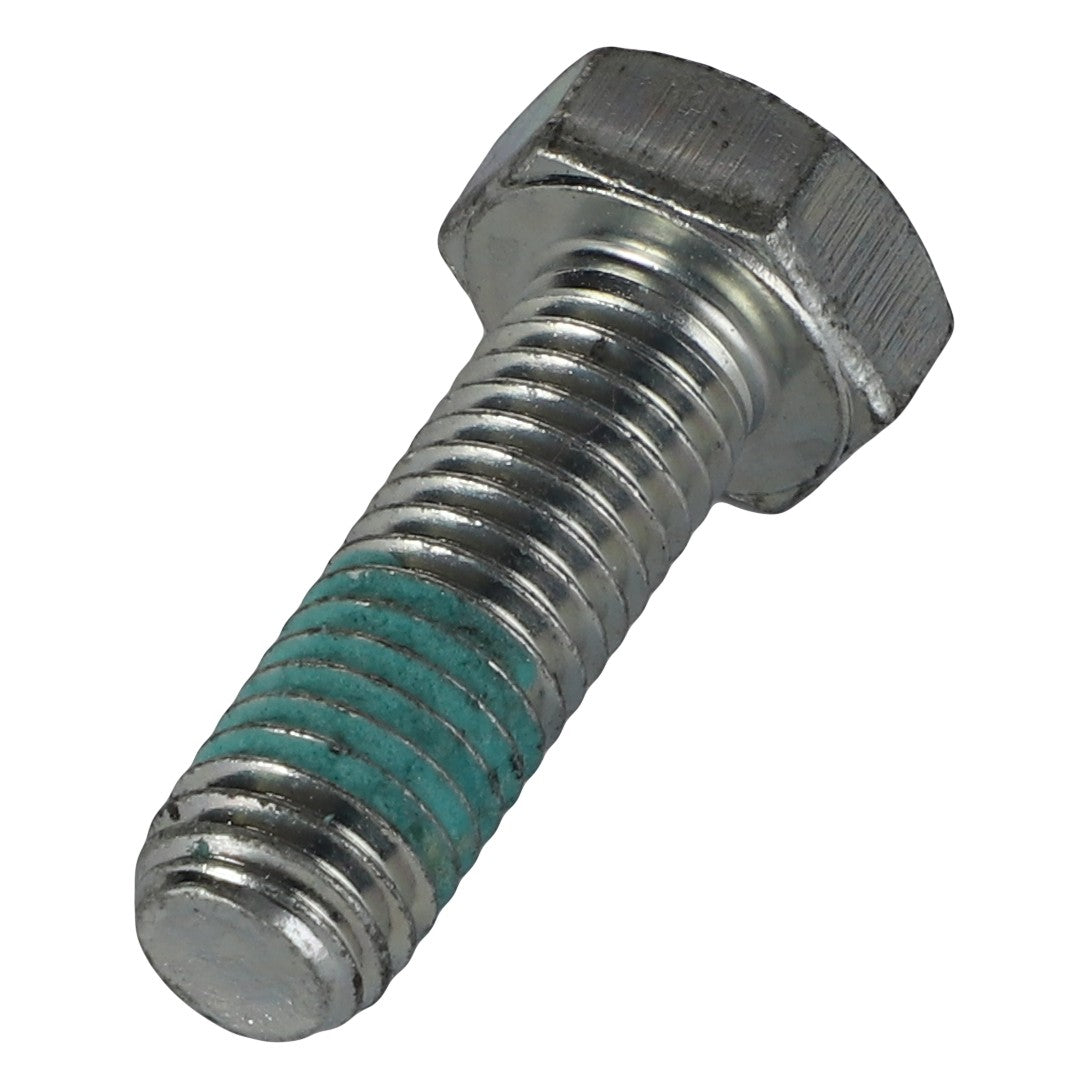 A close-up image of the AGCO SCREW - AL5002971, a metal hex bolt with a partially threaded shaft. The threads near the head of the bolt are coated in a distinctive blue-green substance.