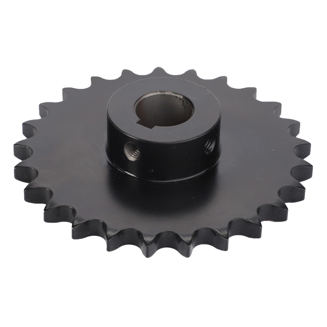 Introducing the AGCO | Chain Sprocket, Grain Elevator - D28540049: A black metal sprocket gear featuring a central hole and evenly spaced teeth along its edge, engineered for peak efficiency and maximum uptime.