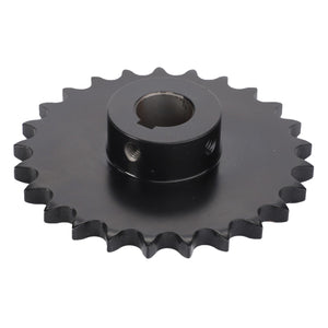 Introducing the AGCO | Chain Sprocket, Grain Elevator - D28540049: A black metal sprocket gear featuring a central hole and evenly spaced teeth along its edge, engineered for peak efficiency and maximum uptime.