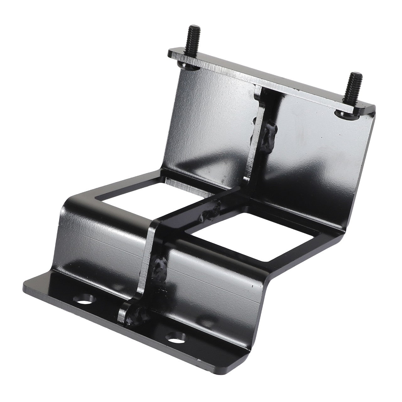 The AGCO Bracket - Acw1980900 is a black metal bracket featuring two fastening bolts at the top and two mounting holes at the base, designed for structural support or attachment. No current product description information is available beyond this concise overview.