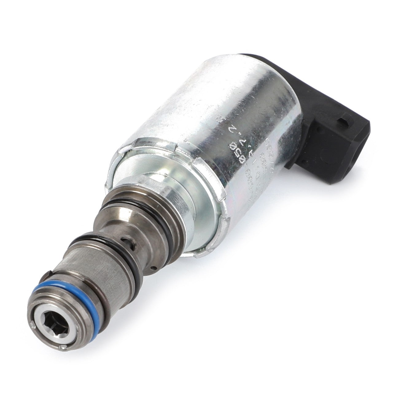 The AGCO | Control Valve - G339150600050 is a metallic solenoid valve featuring cylindrical components, including a silver body, rubber O-ring, and a connector at one end, engineered with the precision of Fendt Vario technology.