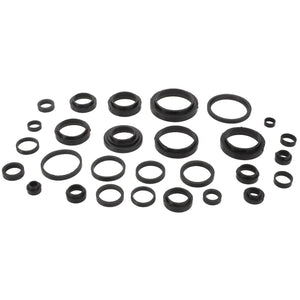 The AGCO Seal Set - Acp0276370 features an assortment of black rubber O-rings in various sizes, meticulously arranged in a grid pattern against a pristine white background.