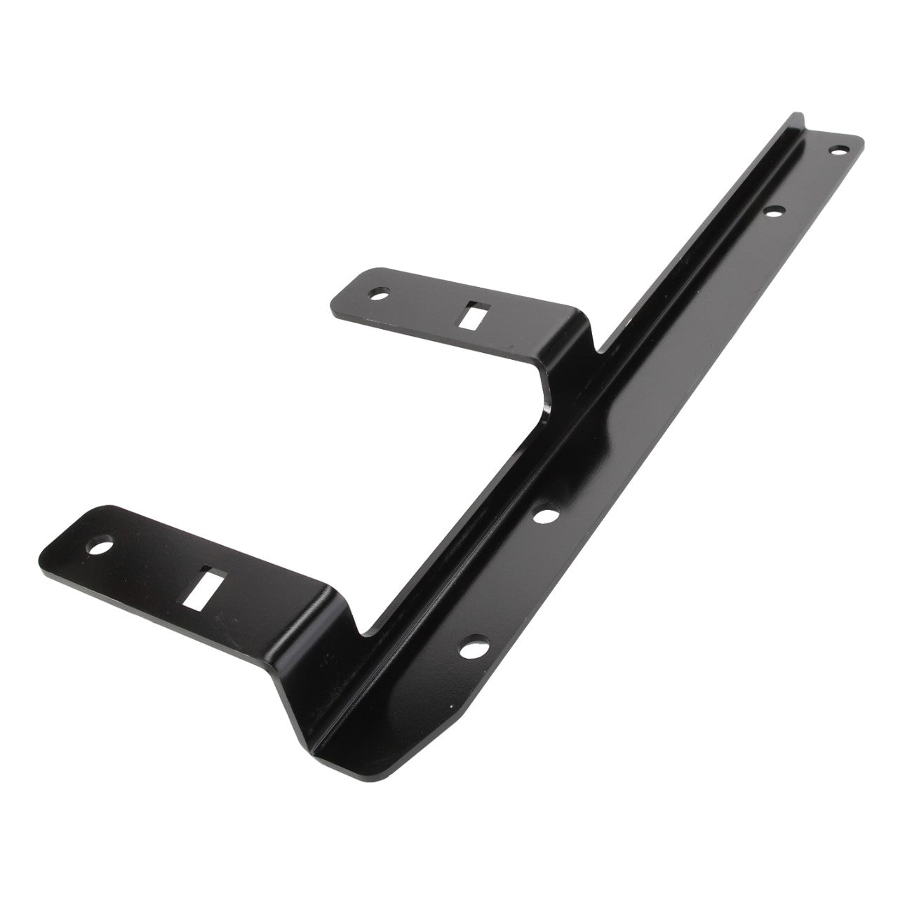 The AGCO | Bracket - Acw168017A is a black metal mounting bracket featuring multiple holes and intricately designed slots for versatile fastening or secure attachment.