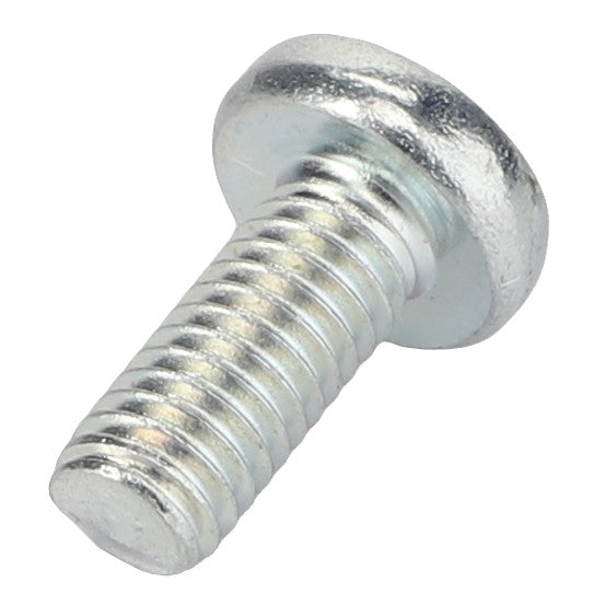 A close-up image of the AGCO Screw - Va020690, featuring a pristine, silver, metallic threaded design and a polished round head, lying elegantly on a white surface.