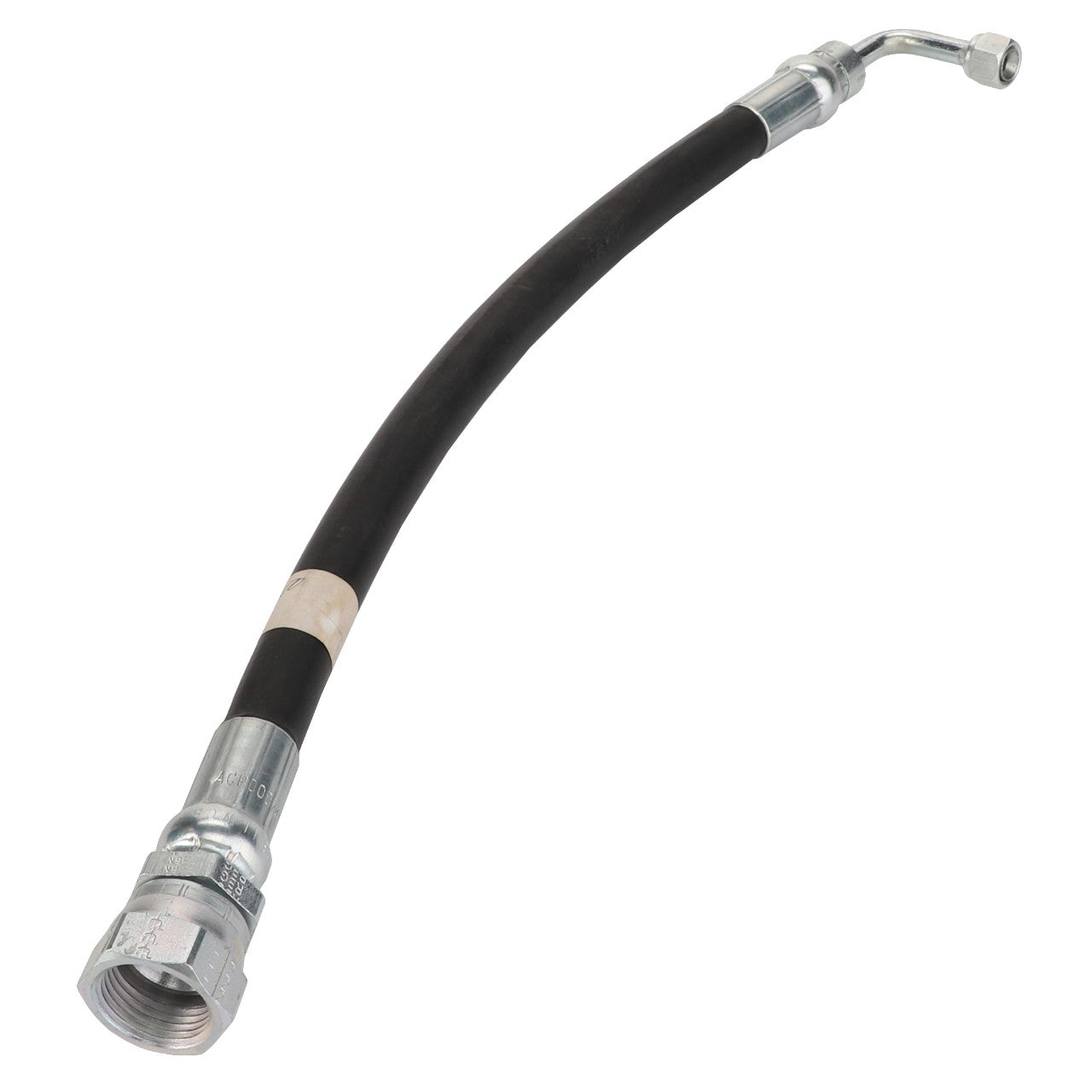 No Current Product Description Available: AGCO | Hydraulic Hose - Acp0007450, a flexible rubber hydraulic hose with metal connectors on both ends, one straight and the other slightly angled.