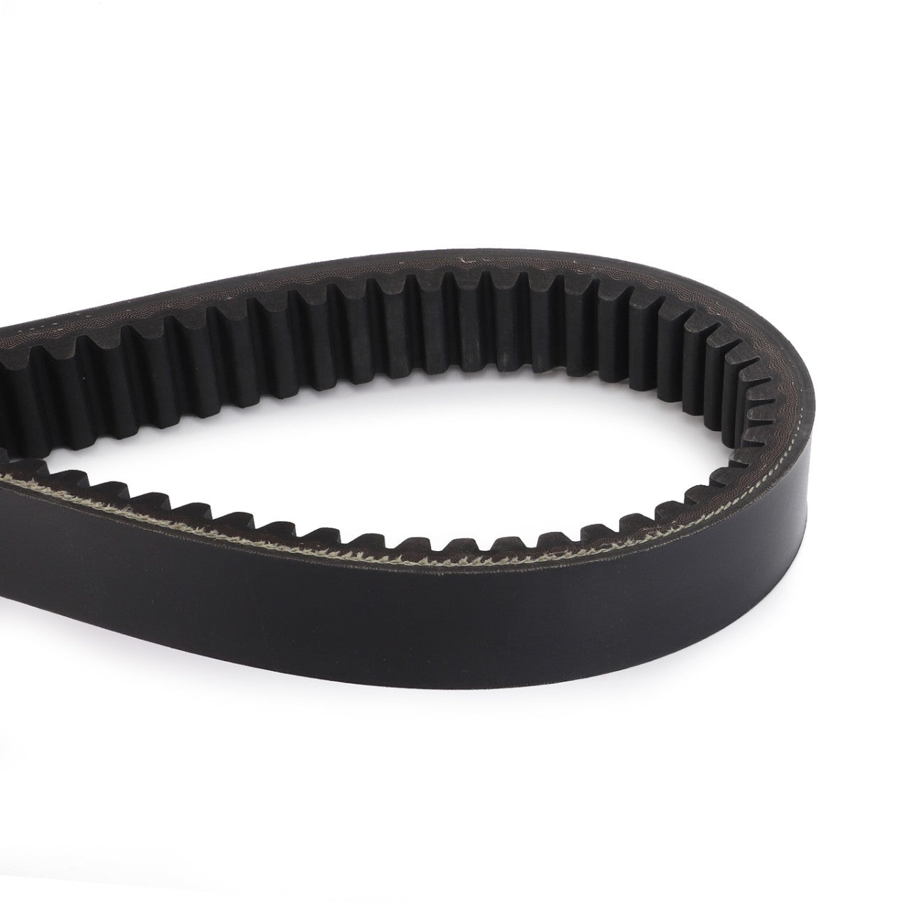 A close-up of a black rubber timing belt with teeth, laid out in an oval shape on a white background, reminiscent of the quality found in AGCO's Drive Belt, Beater - 621646M1.