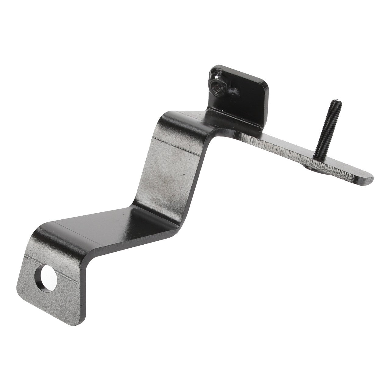 The AGCO | Bracket - Acw5470550, a metal bracket with a zigzag shape and two holes for mounting screws, is displayed against a simple white backdrop.