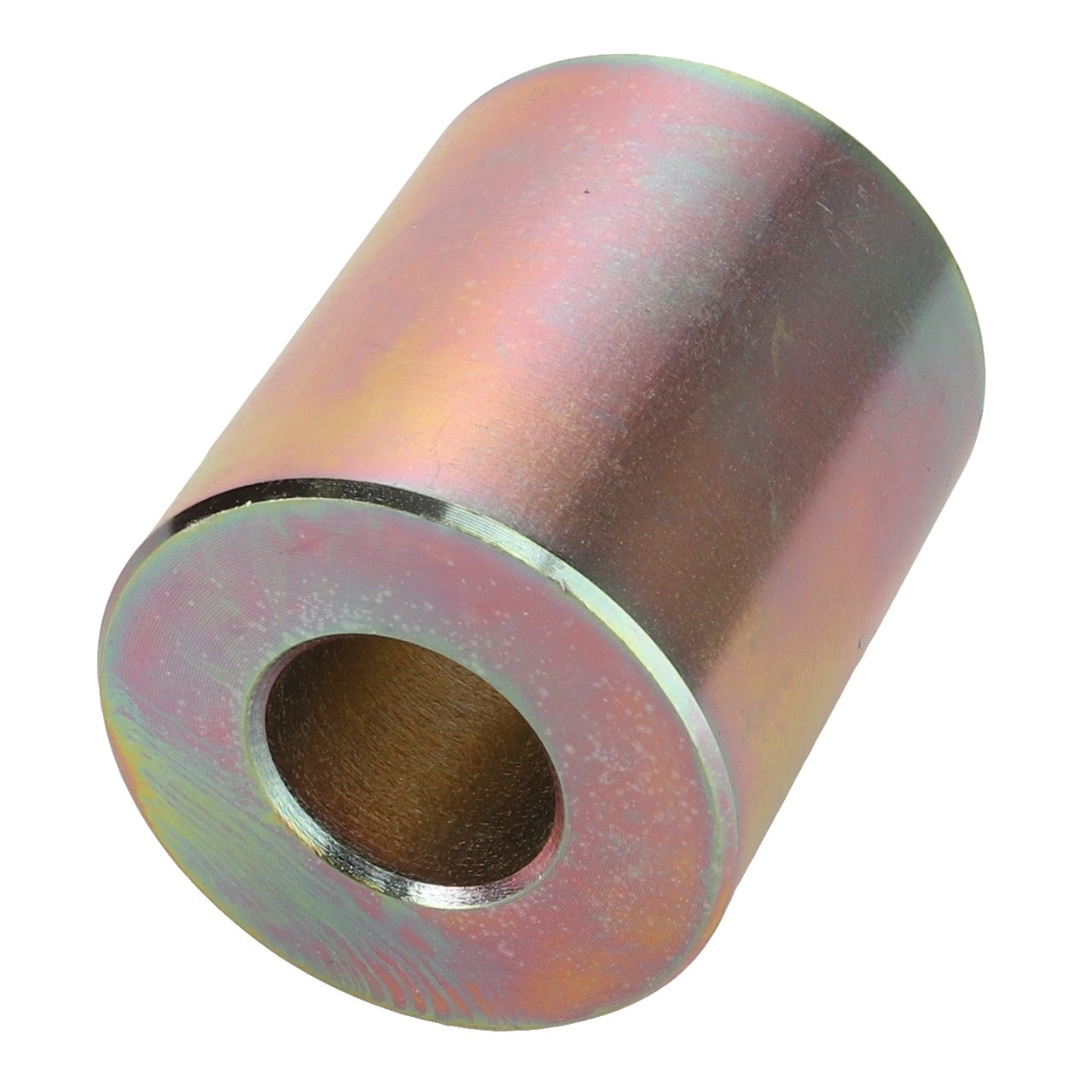 The AGCO BUSH - D28282760 is a cylindrical metal spacer with a central hole and a slightly iridescent surface. No current product description information available.