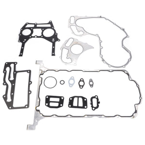 Assorted metal and rubber gaskets of various shapes and sizes, including components compatible with Massey Ferguson, from the AGCO Gasket Kit - 4225857M91, arranged on a light background.