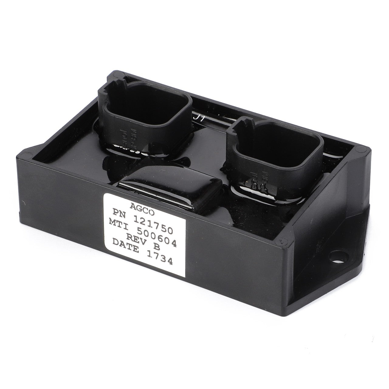 A black electronic component with two connectors, labeled "AGCO | Relay Module - AG121750 MTT-150604 REV B DATE 1734," essential for machinery reliability and available through AGCO Parts.