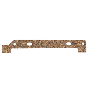 The AGCO Gasket, Timing Cover Bottom - 734933M1 is a flat, elongated cork gasket featuring two holes and several notches along its length, making it suitable for various Massey Ferguson models.