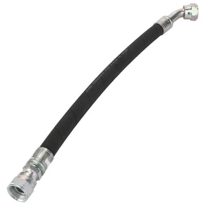 The AGCO | HYDRAULIC HOSE - D46150489 is a black hose featuring metal fittings on both ends, with one straight and the other slightly bent, offering flexibility for various applications.