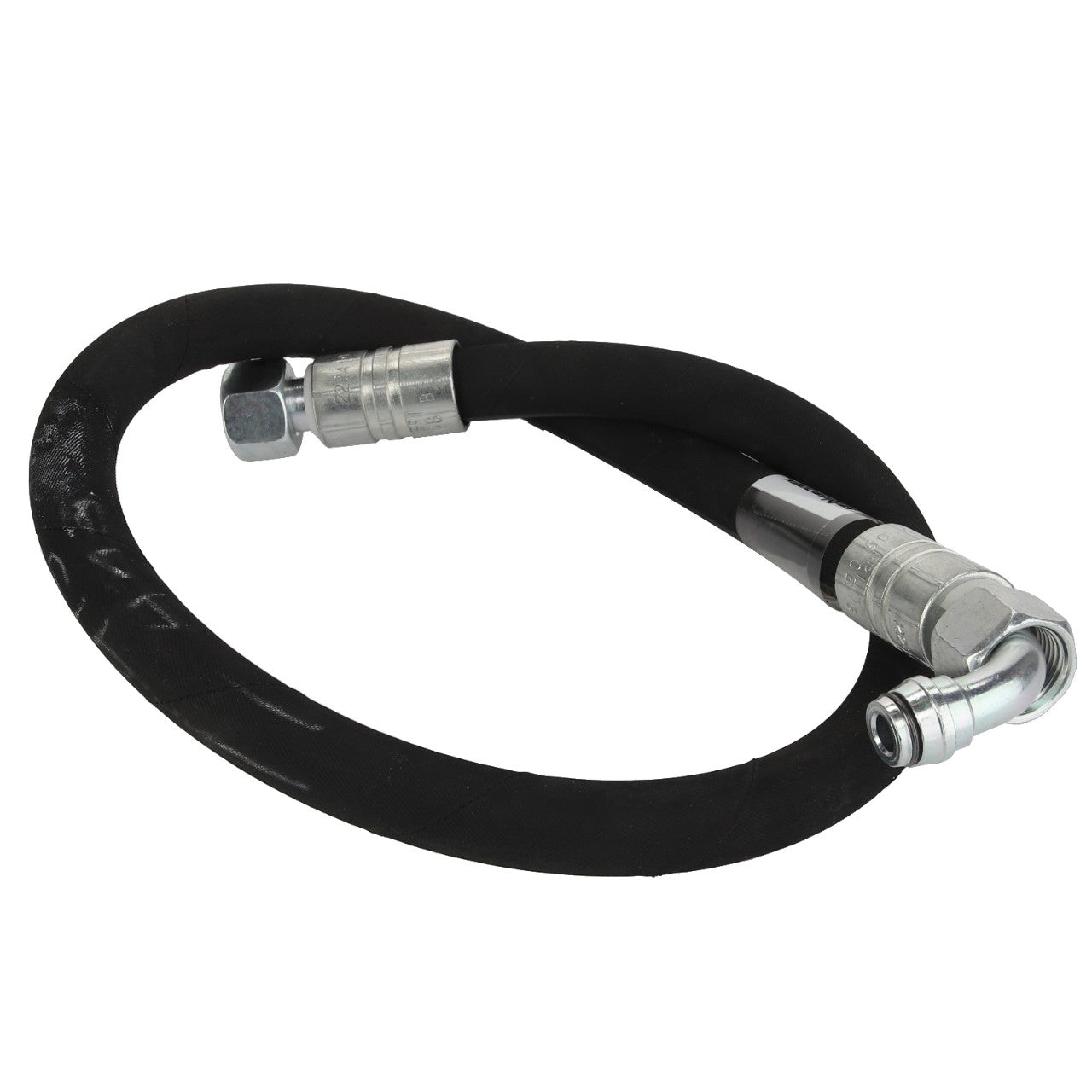 A robust coiled black hydraulic hose equipped with sturdy metal fittings at both ends, perfect for high-pressure applications, available under AGCO's branding with the product name AGCO | WARNING DECAL - ACP0537230.