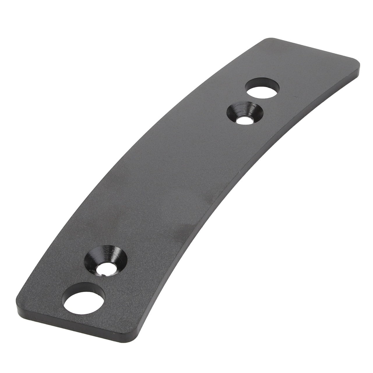 The AGCO Spacer - Acw0138680 is a curved, flat, black metal bracket with three evenly spaced holes.