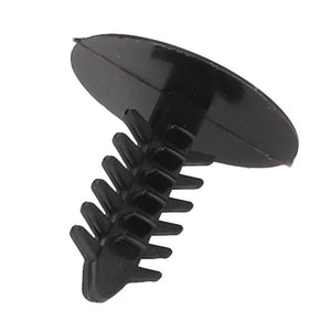 AGCO's Rivet - Acx3628560 is a black plastic push-type retainer clip featuring a round head and pronged shaft, perfect for secure fastening.