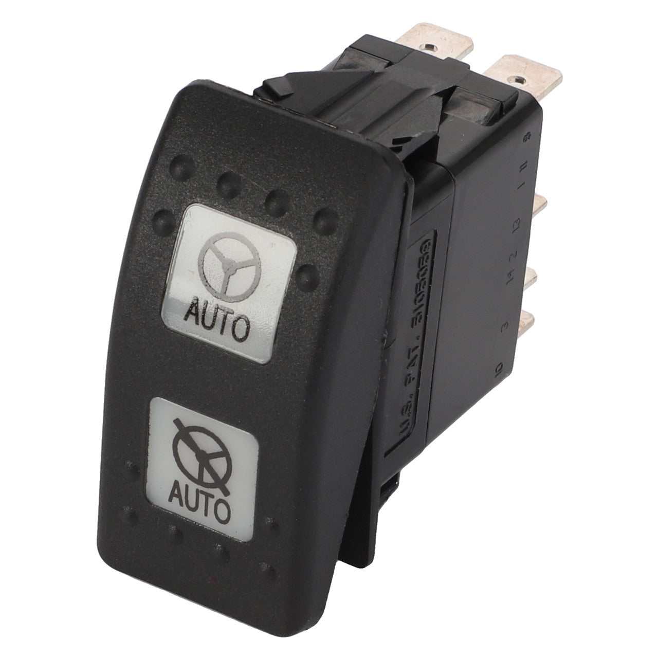 The AGCO | SWITCH - D45050061 is a black dual-button automotive switch with "AUTO" and crossed-circle symbols on each button, featuring metal contacts at the back. No current product description information available.