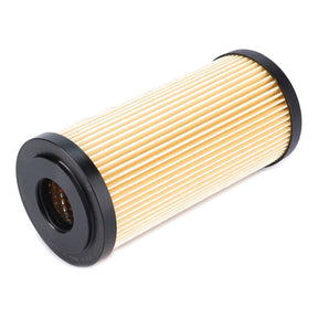 The AGCO Hydraulic Filter Cartridge - E250001 features a cylindrical design with a pleated paper element and black plastic end caps, making it ideal for use in engines or HVAC systems to remove contaminants from airflow. Crafted with high-grade materials, this filter ensures superior performance and durability.