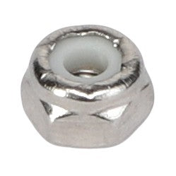 Close-up image of an AGCO HEX NUT - AG563175, featuring a metallic body with a white plastic insert, viewed from above. No current product description information is available.