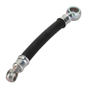 The AGCO Pressure Hose - H725880010011 is a black flexible brake hose with metal fittings on both ends, suitable for Valtra and Massey Ferguson tractors.