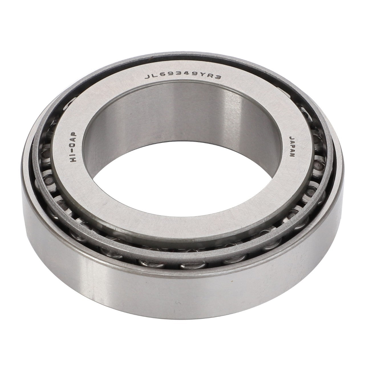 The AGCO Taper Roller Bearing - F514100360390 is constructed with an inner and outer ring, designed to handle both radial and thrust loads. Featuring multiple rollers in the inner ring, this bearing is marked with "JL69349Y2R3" and "JAPAN".