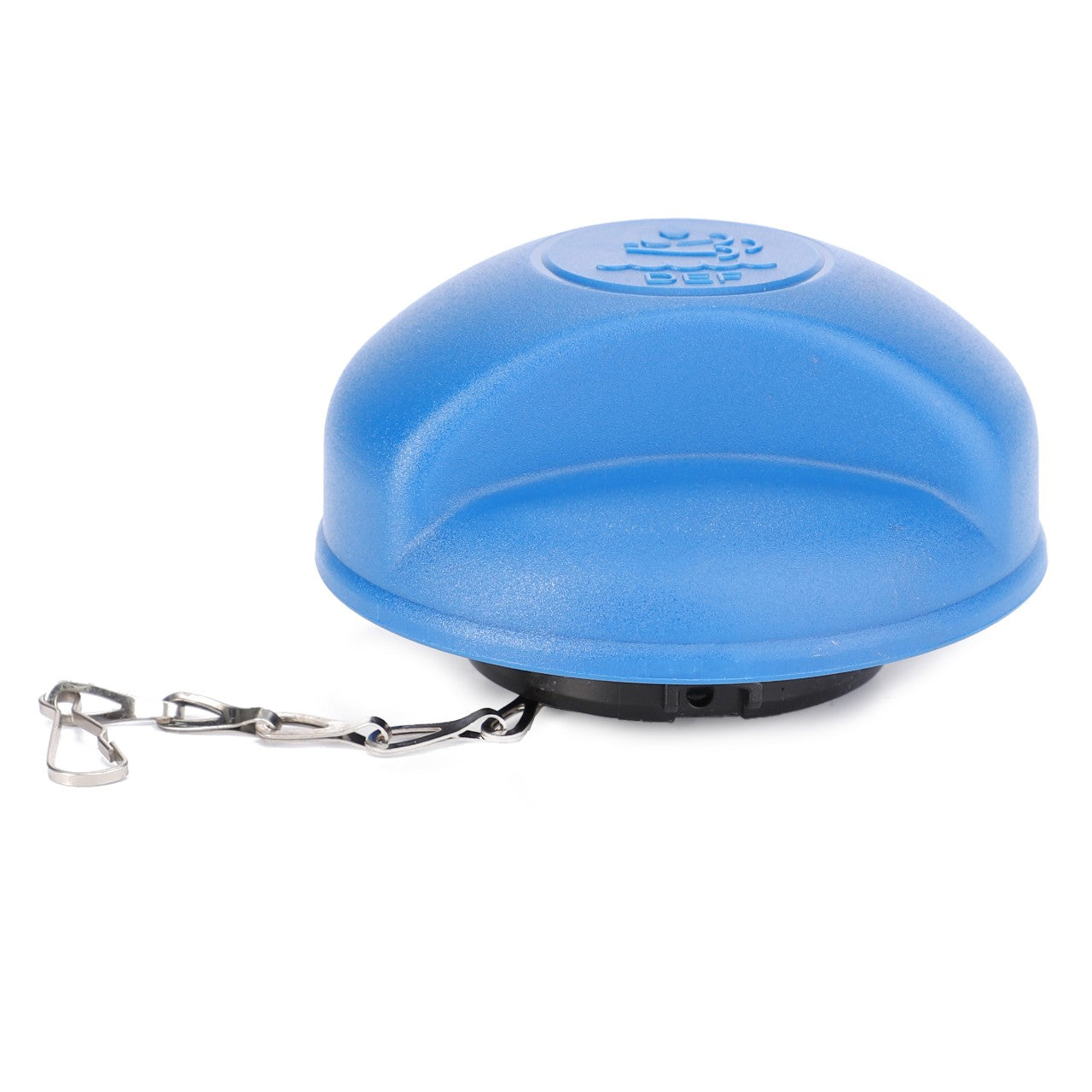 A blue disc-shaped AGCO filler cap (model 4355409M1) with a built-in chain and clasp attachment, compatible with Massey Ferguson models.