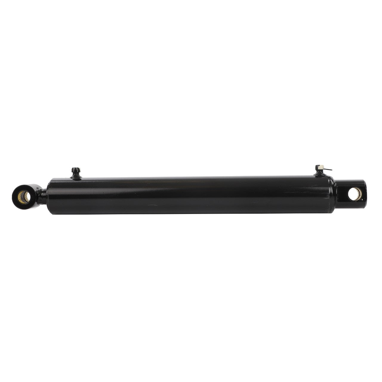 Introducing the AGCO | CYLINDER - AL12711810: A black hydraulic cylinder from AGCO, featuring mounting holes on each end for use in mechanical or industrial applications.