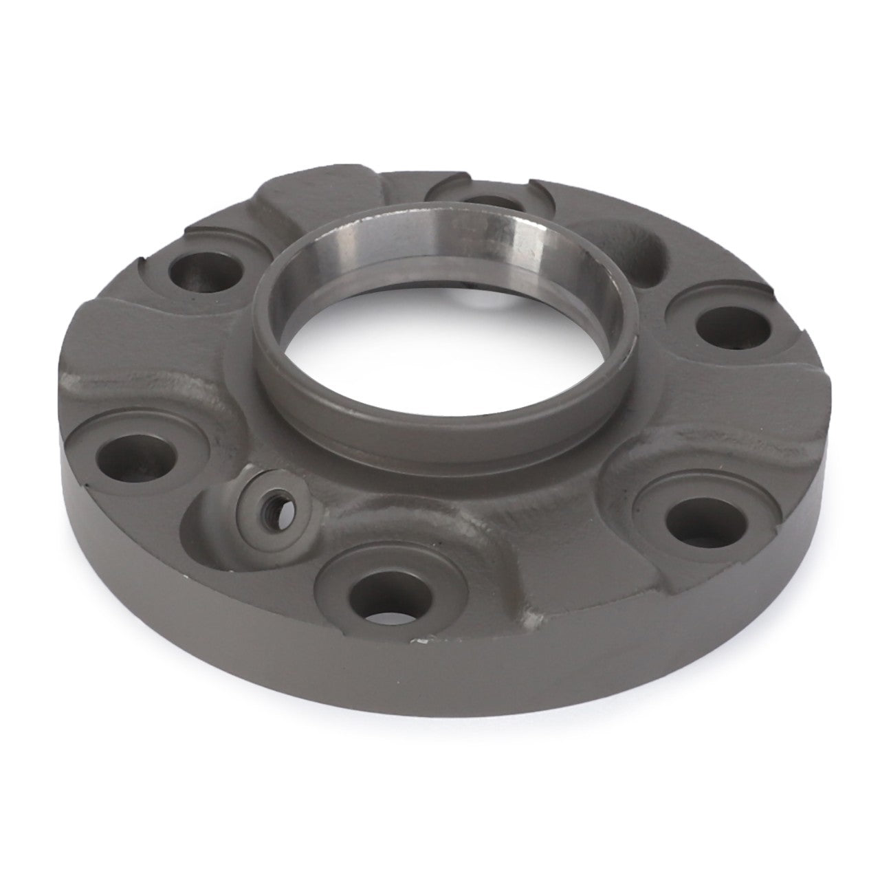 A circular metal mechanical component, reminiscent of a Farmer Tractor part, with multiple holes and a central cylindrical opening, known as the AGCO Stop Ring - 716300080071.