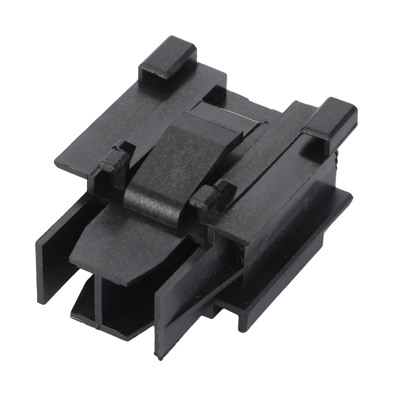 Close-up of the AGCO FUSE HOLDER - D45010076, a black plastic connector commonly used in electrical or electronic assemblies, featuring multiple prongs and a tab for secure attachment.