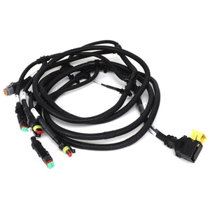 The AGCO Harness - Acw9094360 is a robust coiled automotive wiring harness featuring multiple connectors and plugs, encased in durable black corrugated tubing.