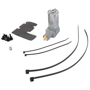 A compact AGCO compressor for seating, the F930500030970 model, comes with various installation accessories including foam padding, screws, a plastic cap, and four cable ties, all neatly arranged on a white background.