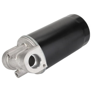 Close-up image of the AGCO Suction Filter - 6252976M95, a cylindrical automotive oil filter with a black body and metallic attachment base, featuring multiple connection ports, compatible with Massey Ferguson machinery.