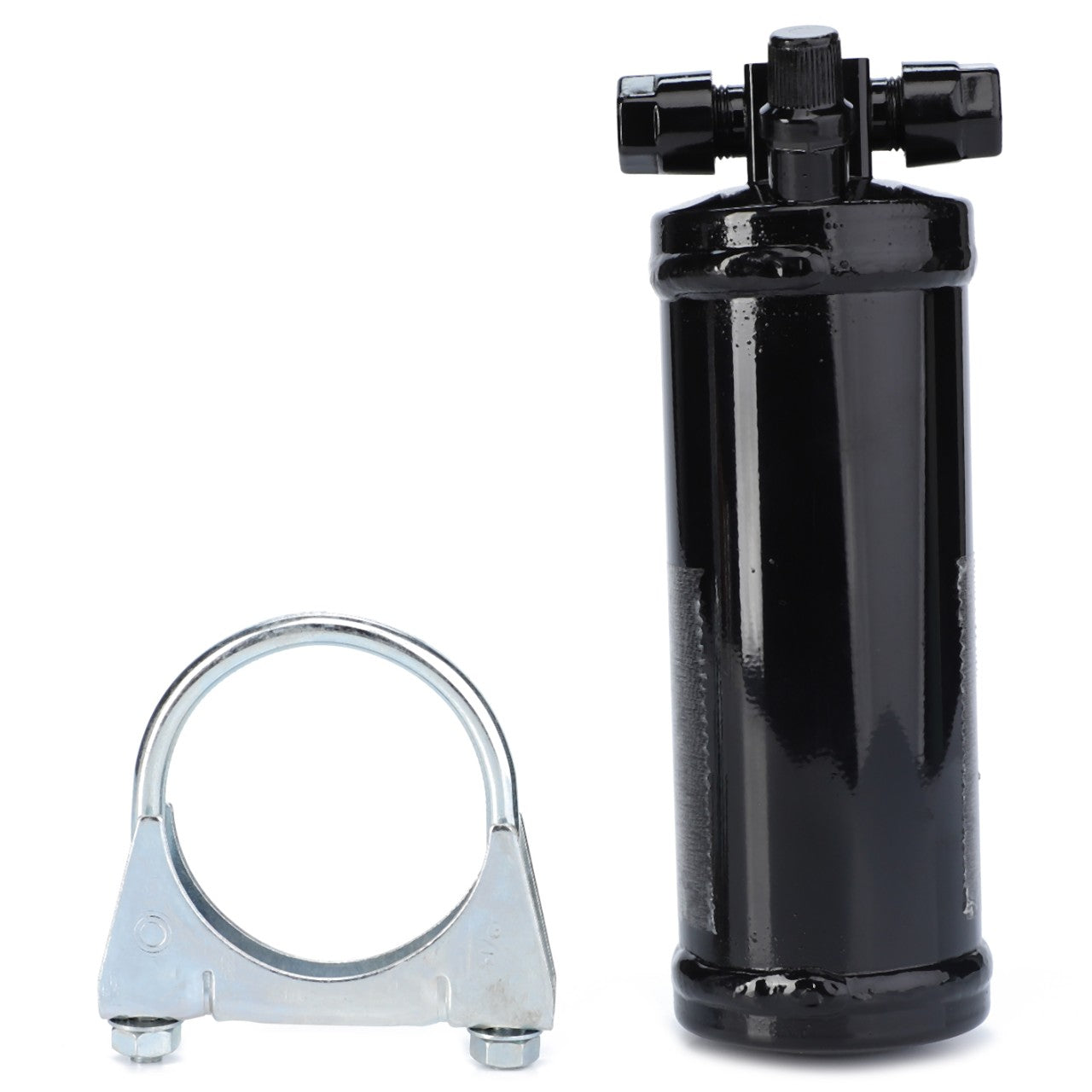 A black cylindrical air conditioning receiver drier with two connections on top, labeled AGCO | AIR CONDITIONING RECEIVER DRIER - D45070017, is next to a metal bracket with mounting hardware. No current product description information is available.