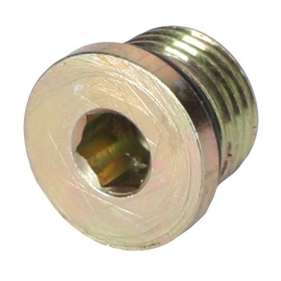 The AGCO | HEX SOCKET PLUG - AG716868 is a brass fitting featuring a threaded end and a hexagonal hole on its flat surface, making it ideal for sealing or plugging openings in various types of machinery.