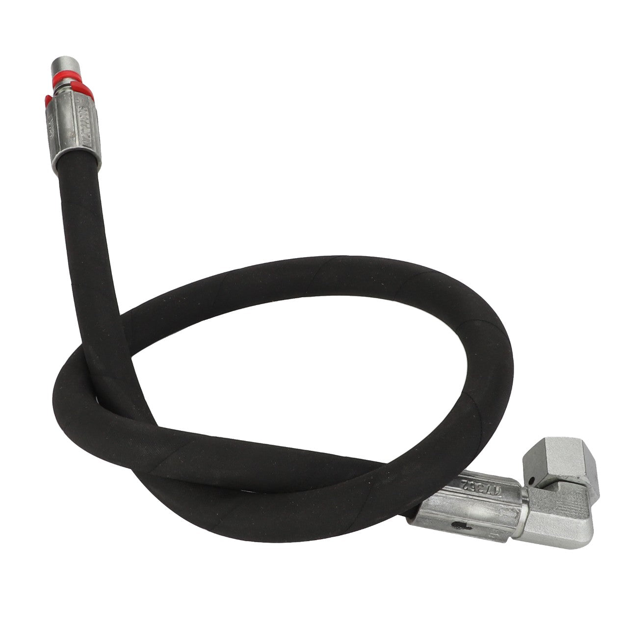 The AGCO | HYDRAULIC HOSE - AL9031147 is a coiled black hose featuring metal connectors on both ends, with one connector being straight and the other angled, making it suitable for hydraulic or pneumatic applications. No current product description information is available for further details.