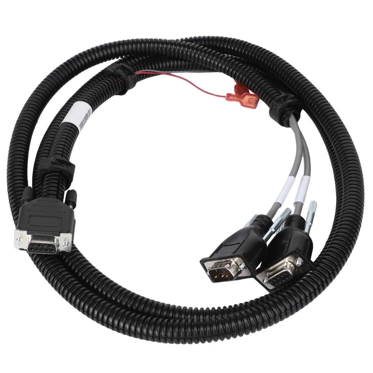 The AGCO | CABLE - AG427248 from AGCO is a coiled cable featuring two DB9 connectors at one end and a single DB15 connector at the other, all encased in durable black protective sheathing. No further product description information is available.