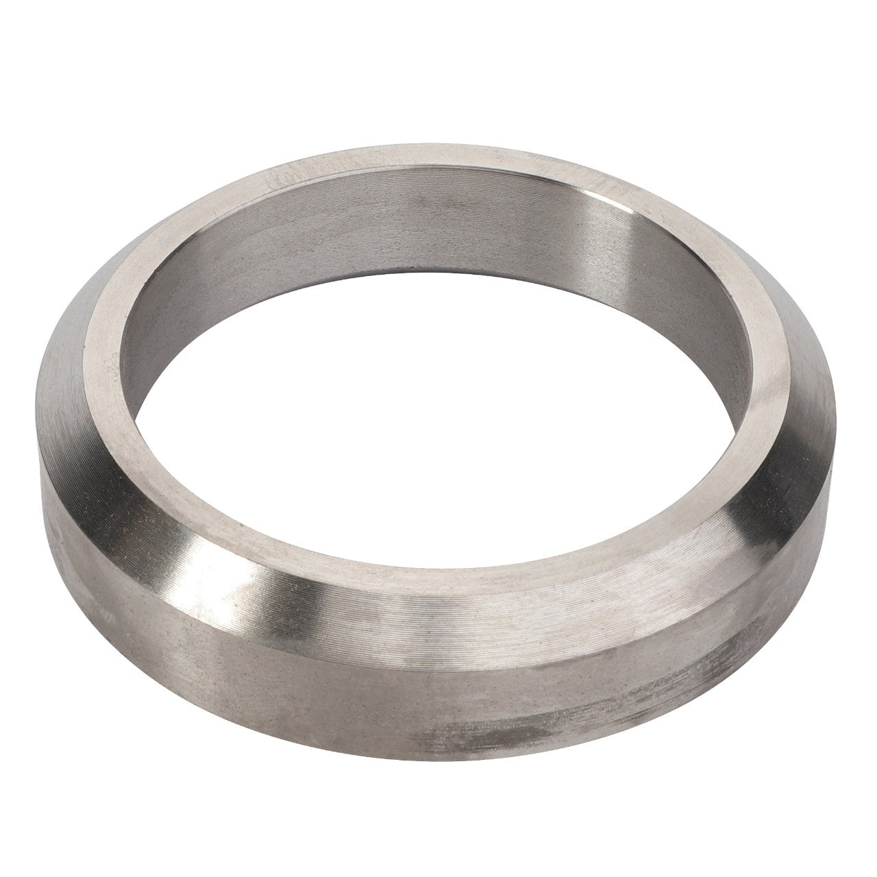 AGCO | Spacer - La322069550 is a metal ring designed with a smooth, polished finish and features a slightly angled edge. The ring forms a circular shape with an open center. Currently, no additional product description details are available.