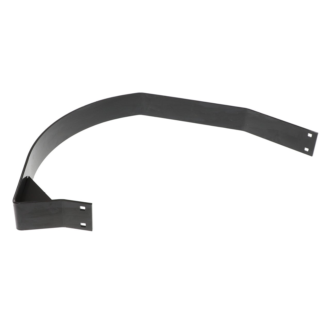 The AGCO Tine Wrapper - Acx2432580 is a black metal bracket featuring four mounting holes and is bent at an angle. Further product description information is currently unavailable.