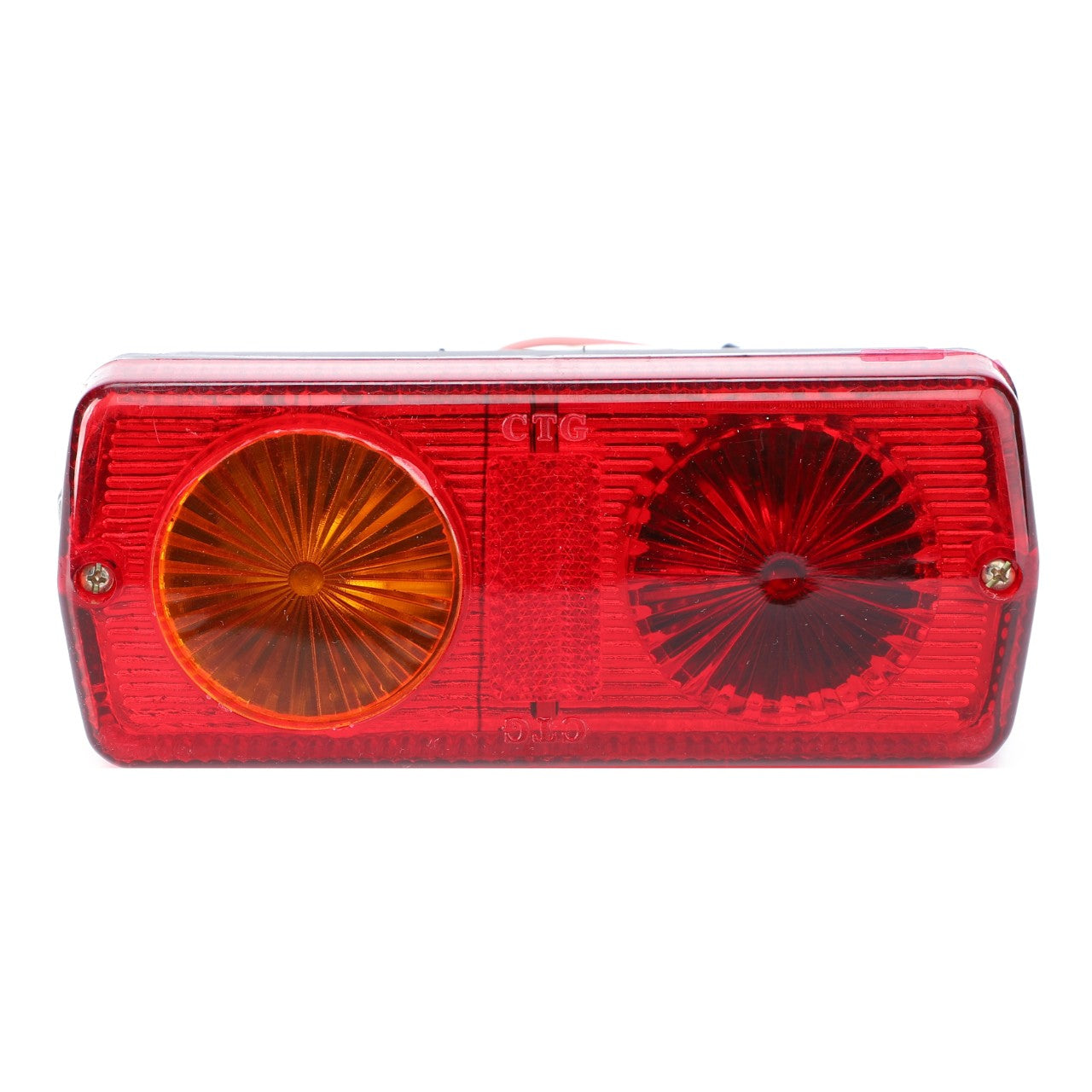 Product Data: The AGCO Combination Light, Rear - Acp0209600 features a rectangular tail light assembly with two circular lenses—one amber and one red—encased in a durable red plastic housing. Designed for tractors, this AGCO Genuine Rear Light enhances safety and visibility both on the road and in the field.