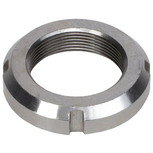 The AGCO Locknut - 807685 is a hexagonal, metallic threaded lock nut designed with grooves and notches, commonly used to secure components on machinery or equipment. No current product description available.