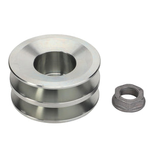 A metallic double-groove pulley marked as AGCO | Pulley - Acp0575250 and a hexagonal nut are displayed side by side on a white background. No current product description available for these items.