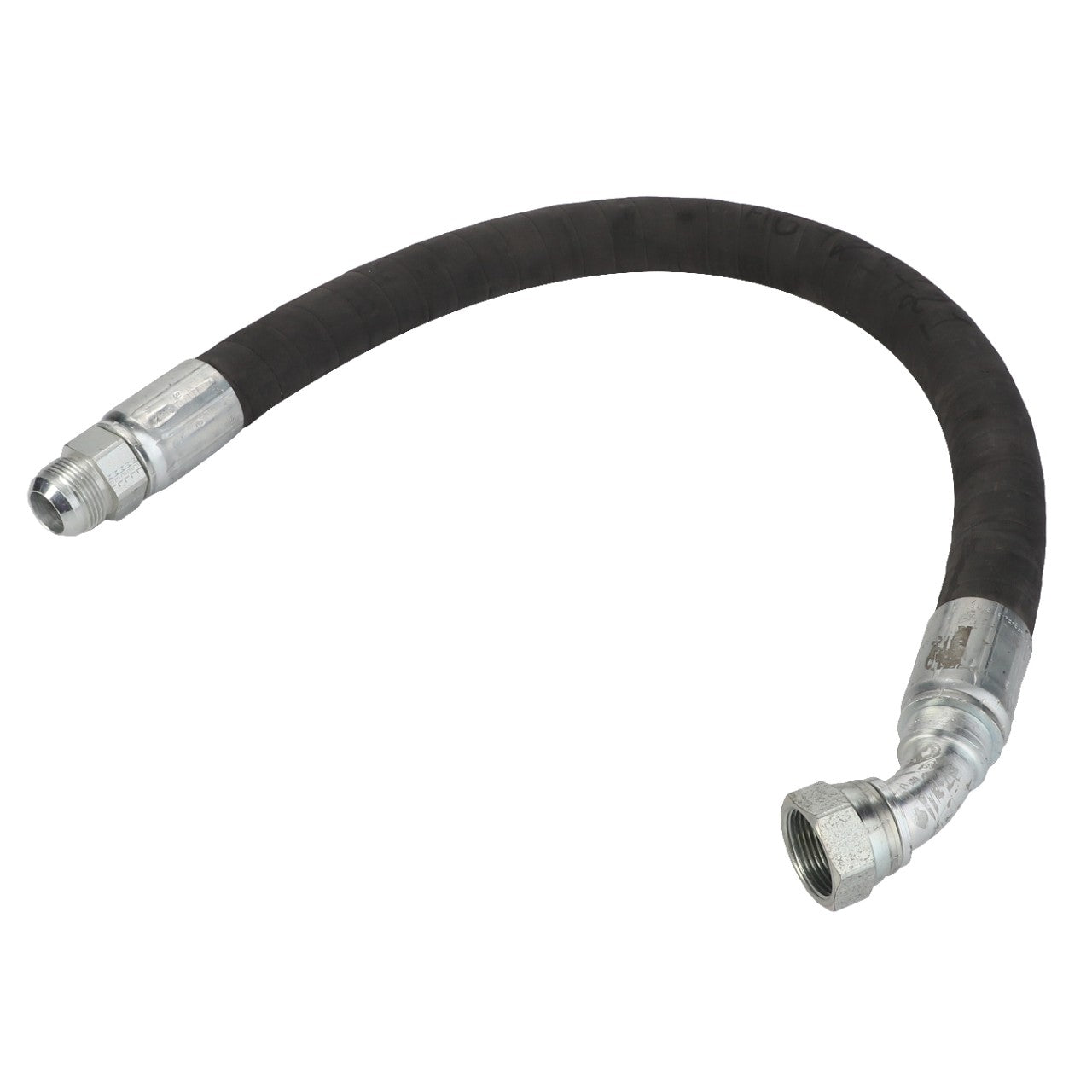 The AGCO HYDRAULIC HOSE - AG425721 is a versatile black hose featuring metal connectors on both ends, with one connector straight and the other angled.