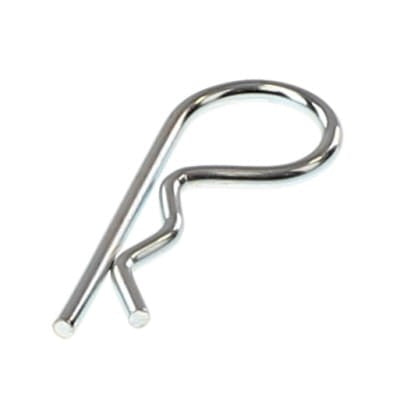 Currently, no product description information is available for the AGCO | PIN - AG560596 by AGCO, a metal R-clip with a looped end and a bent arm, typically used for securing the position of pins or axles.