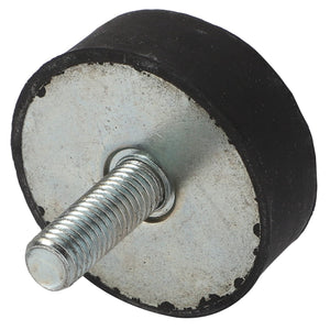 Close-up of the AGCO | Rubber Buffer - 0938-98-41-00, featuring a black rubber vibration damper with a metal threaded bolt extending from the center, suitable for Fendt Models and Massey Ferguson machinery.