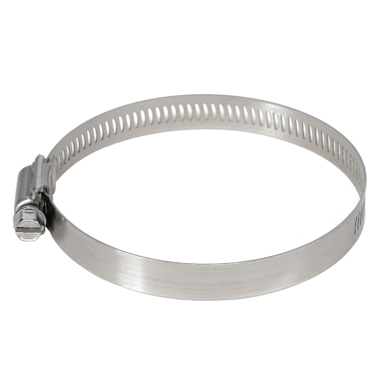 The AGCO HOSE CLAMP - AG561234, a stainless steel clamp featuring a screw-tightening mechanism, is displayed against a white background. This part, crafted by AGCO Genuine Parts, exemplifies high vibration resistance.