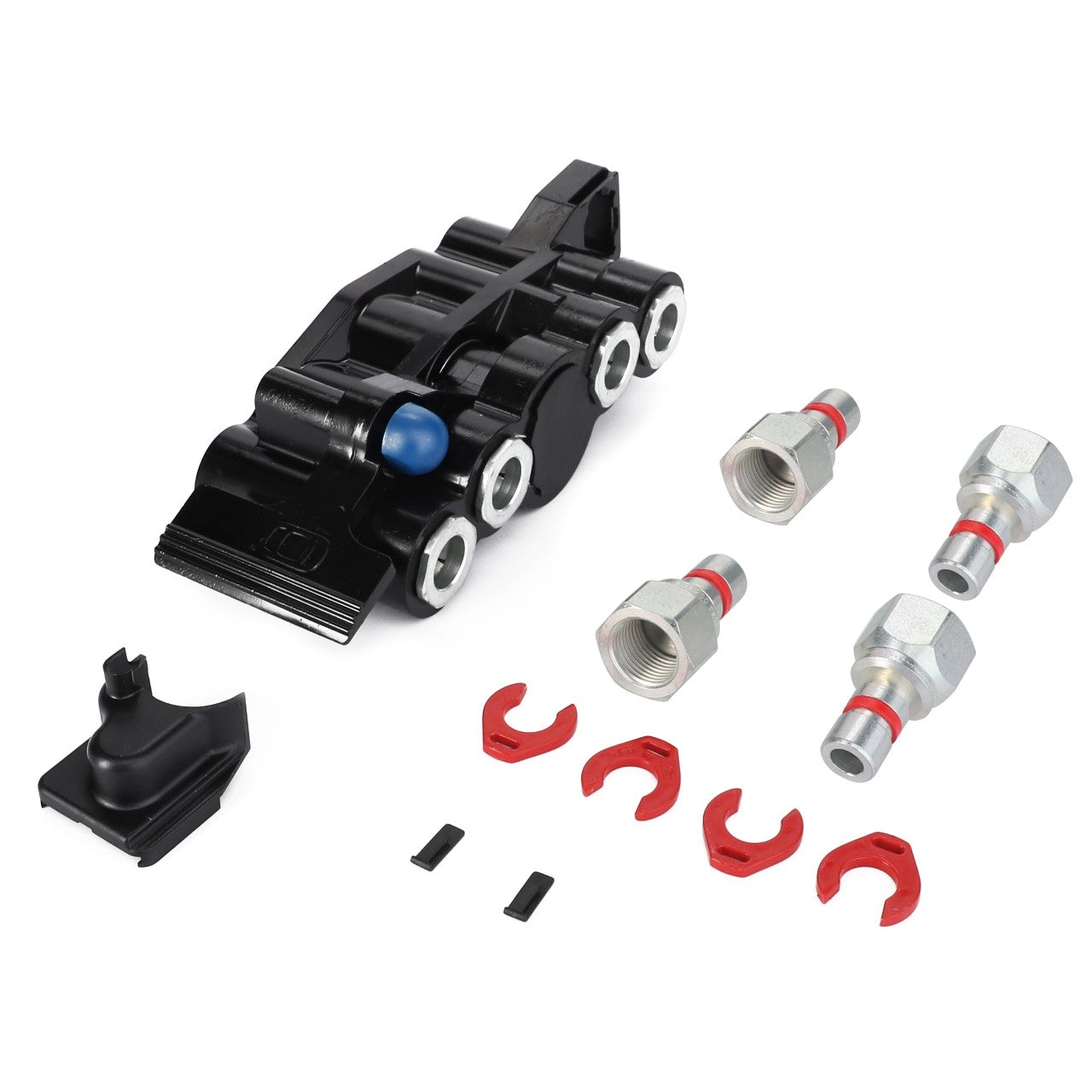 AGCO | VALVE - AL5220530, a black plastic component featuring multiple ports, three metallic connectors with red rings, two black clips, three red clips, and a small black cap. Please note no current product description information is available. All items are arranged on a white background.