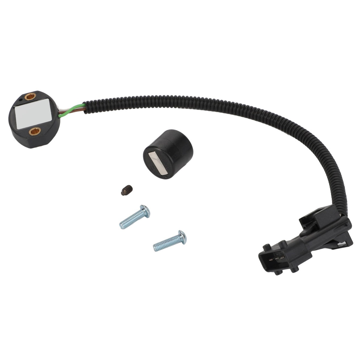 AGCO's Rotational Angle Resolver - 0971-43-03-00, featuring a coiled wire, connector, and two screws, ideal for Fendt and Massey Ferguson machinery, isolated on a white background.