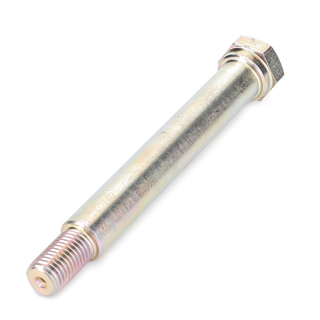 A robust AGCO Pin - D28780008 with a threaded end and hexagonal head, akin to the sturdy hardware used in Massey Ferguson Models, positioned diagonally on a white background.