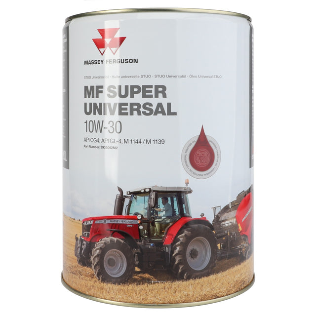 A tin can of AGCO | Mf Super Universal 10W-30 20L - 3933062M2 oil, featuring an image of a red tractor on a farm with a blue sky background.