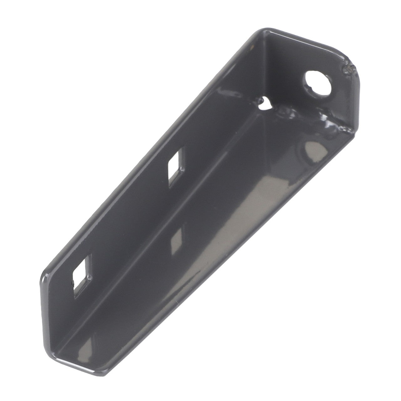 The AGCO Latch Handle, Left Hand (Acw4975460) is a black metal bracket featuring three rectangular cutouts and circular holes at either end. Further product description details are currently unavailable.